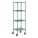 A green wire shelving unit with casters.