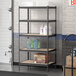 A metal shelving unit with Lavex black particleboard shelves holding containers and bottles of liquid.