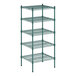 A green wire shelving unit with five shelves.