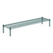 A Regency green metal dunnage shelf with black legs.