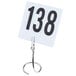 An American Metalcraft stainless steel alligator clip card holder with a white number card on it.