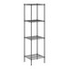 A black wire shelving unit with four shelves.