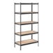 A black Lavex boltless metal shelving unit with brown particleboard shelves.