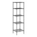 A Regency black metal wire shelving unit with four shelves.