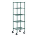 A green metal wire shelving unit with casters.