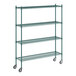 A green metal wire shelving unit with casters.