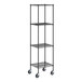 A black metal wire shelving unit with wheels.