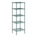 A green wire shelving unit with five shelves.