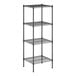 A black wire shelving unit with four shelves.