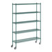 A green metal wire shelving unit with wheels.