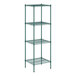 A green wire shelving unit with four shelves.