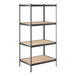 A black Lavex boltless shelving unit with brown particleboard shelves.