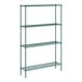 A green metal Regency wire shelving unit with four shelves.