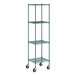 A green metal wire shelving unit with wheels.