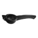 A black handheld aluminum lemon juicer with a handle.