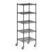 A Regency black wire shelving unit with wheels.