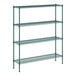 A green metal Regency wire shelving unit with four shelves.