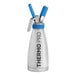 A stainless steel Whip-It Thermo Pro cream whipper with a blue siphon handle.