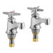 Two Chicago Faucets deck-mounted faucets with cross handles and spouts.