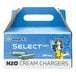 A close-up of a blue Whip-It Select N2 Charger box with a logo and text.