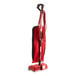 A red Hoover Prime Lite upright vacuum cleaner with a black handle.