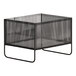 A black metal wire mesh ice housing basket with a handle.