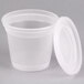 A Pactiv translucent plastic deli container with a white lid.