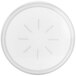 A white plastic lid with a circular hole and lines in the center.
