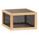 A wooden box with a black mesh top.