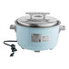 A blue Galaxy electric rice cooker with a lid and cord.