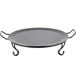 An American Metalcraft round black wrought iron griddle with two handles.