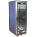 A blue and silver Metro C5 heated holding cabinet with a clear door.