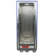 A blue Metro C5 heated holding cabinet with clear door shelves.