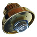 A brass pendant light with a San Francisco Giants logo.