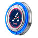 A white Holland Bar Stool clock with a blue and red Atlanta Braves logo and neon light.