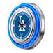 A close-up of a blue and silver Holland Bar Stool Los Angeles Dodgers neon clock.
