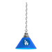 A blue lamp shade with a Los Angeles Dodgers logo on it and chrome accents.