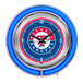 A white Holland Bar Stool clock with the Texas Rangers logo and numbers in neon.