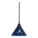 A blue pendant light with a white Atlanta Braves logo.