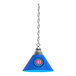 A blue pendant lamp with a Chicago Cubs logo on the shade.