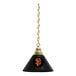 A black lamp with a brass chain and a San Francisco Giants logo on the shade.