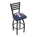 A Holland Bar Stool Texas Rangers swivel bar stool with a blue padded seat and white logo on the back.