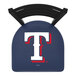 A blue Holland Bar Stool with a red and white Texas Rangers logo on the padded seat.