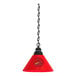 A black pendant light with the St. Louis Cardinals logo on a red lamp shade.