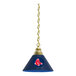 A brass pendant light with a blue shade featuring the Boston Red Sox logo.