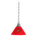 A red lamp shade with the St. Louis Cardinals logo and silver accents hanging from a chain.