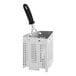 A Vollrath stainless steel pasta basket inset with a black handle.