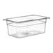 A Choice clear plastic food pan with a lid.