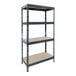 An AR Shelving metal shelving unit with shelves.