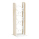 A white-washed wooden box with three white cylindrical stands inside.